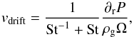 Mathematical equation: \begin{equation} v_{\rm{drift}}=\frac{1}{\rm{St}^{-1}+\rm{St}}\frac{\partial_{\rm r} P}{\rho_{\rm g} \Omega}, \label{v_drift} \end{equation}