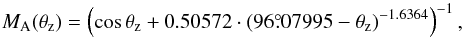 Mathematical equation: \begin{equation} \label{eq:3} M_\text{A}(\theta_\text{z}) = \left(\cos\theta_\text{z} + 0.50572\cdot(96\fdg07995-\theta_\text{z})^{-1.6364}\right)^{-1}, \end{equation}