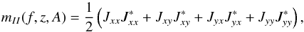 Mathematical equation: \begin{equation} m_{II}(f,z,A) = \frac{1}{2}\left(J_{xx}J_{xx}^{*} + J_{xy}J_{xy}^{*} + J_{yx}J_{yx}^{*} + J_{yy}J_{yy}^{*}\right), \end{equation}