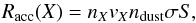 Mathematical equation: \begin{equation} R_{\rm acc}(X) = n_X v_X n_{\rm{dust}} \sigma S, \end{equation}