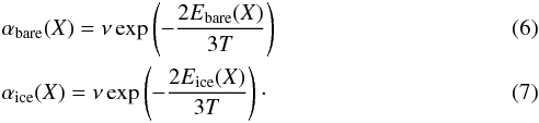 Mathematical equation: \begin{eqnarray} &&\alpha_{\rm bare}({X}) = \nu \exp\left({-\frac{2 E_{\rm bare}(X)}{3 T}}\right) \\ &&\alpha_{\rm ice}({X}) = \nu \exp\left({-\frac{2 E_{\rm ice}(X)}{3 T}}\right)\cdot \end{eqnarray}