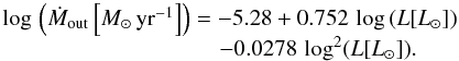 Mathematical equation: \begin{equation} \begin{array}{l} \log\,\left(\dot M_{\rm out}\left[M_\odot{\rm\,yr^{-1}}\right]\right)=-5.28+0.752\,\log\,(L[L_\odot]) \\\qquad\qquad \qquad\qquad\quad\,\,\,-0.0278\,\log^2(L[L_\odot]). \end{array}\label{eq-ch} \end{equation}