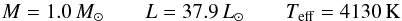 Mathematical equation: \begin{equation} M=1.0\,M_\odot \qquad L=37.9\,L_\odot \qquad T_{\rm eff}=4130\,{\rm K} \label{eq-ini3} \end{equation}