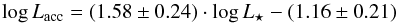 Mathematical equation: \begin{equation} \log L_{\rm acc} = (1.58\pm 0.24)\cdot \log L_{\star} - (1.16\pm 0.21) \end{equation}