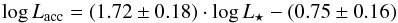 Mathematical equation: \begin{equation} \label{eq::lacc_lstar_chaI} \log L_{\rm acc} = (1.72\pm 0.18)\cdot \log L_{\star} - (0.75\pm 0.16) \end{equation}