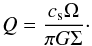 Mathematical equation: \begin{equation} Q = \frac{c_{\rm s} \Omega}{\pi G \Sigma} \cdot \label{eq1} \end{equation}