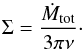 Mathematical equation: \begin{equation} \Sigma = \frac{\dot{M}_{\rm tot}}{3 \pi \nu} \cdot \label{eq2} \end{equation}