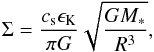 Mathematical equation: \begin{equation} \Sigma = \frac{c_{\rm s} \epsilon_{\rm K}}{\pi G} \sqrt{\frac{GM_{*}}{R^3}} , \label{eq7} \end{equation}