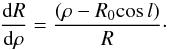 Mathematical equation: \begin{equation} \frac{{\rm d}R}{\rm d\rho} = \frac{(\rho - R_0 \col)} {R}\cdot \end{equation}