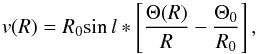 Mathematical equation: \begin{equation} v(R) = R_0 \sil * \left[\frac{\Theta(R)}{R} - \frac{\thsun}{R_0}\right], \end{equation}