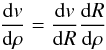 Mathematical equation: \begin{equation} \frac{{\rm d}v}{{\rm d}\rho} = \frac{{\rm d}v}{{\rm d}R}\frac{{\rm d}R}{{\rm d}\rho} \end{equation}