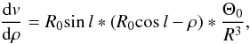 Mathematical equation: \begin{equation} \frac{{\rm d}v}{{\rm d}\rho} = R_0 \sil * (R_0\col-\rho)* \frac{\Theta_0}{R^3}, \end{equation}