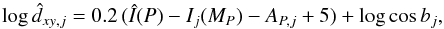 Mathematical equation: \begin{equation} \log \hat{d}_{xy,j} = 0.2\,(\hat{I}(P) - I_j(M_P) - A_{P,j} + 5) + \log\cos b_j , \label{eq:cmpdst} \end{equation}