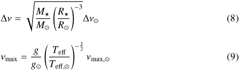Mathematical equation: \begin{eqnarray} && \Delta\nu=\sqrt{\frac{M_{\star}}{M_{\odot}}\left(\frac{R_{\star}}{R_{\odot}}\right)^{-3}}\Delta\nu_{\odot} \label{eq:DeltaNu} \\[2mm] && \nu_{\mathrm{max}}=\frac{g}{g_{\odot}}\left(\frac{\teff}{T_{\mathrm{eff},\odot}}\right)^{-\frac{1}{2}}\nu_{\mathrm{max},\odot} \label{eq:NuMax} \end{eqnarray}