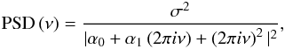 Mathematical equation: \begin{eqnarray} \label{eq:psdcarma20} \mathrm{PSD\left(\nu\right)}=\frac{\sigma^{2}}{|\alpha_{0}+\alpha_{1}\left(2\pi i\nu\right)+\left(2\pi i\nu\right)^{2}|^{2}}, \end{eqnarray}