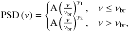 Mathematical equation: \begin{eqnarray} \label{eq:psdfit} \text{PSD} \left(\nu\right) = \begin{cases} {\rm A}\left(\frac{\nu}{\nu_{\rm br}}\right)^{\gamma_{1}}, & \nu\le\nu_{{\rm br}} \\ {\rm A}\left(\frac{\nu}{\nu_{\rm br}}\right)^{\gamma_{2}}, & \nu>\nu_{\mathrm{br}}, \end{cases} \end{eqnarray}