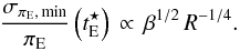 Mathematical equation: \begin{equation} \label{sigmapiE_min_R} \frac{\sigmapimin}{\pi_{\rm E}} \left( \tEstar \right) \, \propto \, \beta^{1/2} \, R^{-1/4}. \end{equation}