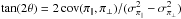 Mathematical equation: \hbox{$\tan(2\theta) = 2 \, \text{cov}(\piparall, \piperp)/(\sigmaparall^2 - \sigmaperp^2)$}