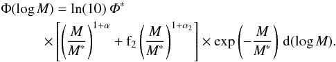 Mathematical equation: \begin{eqnarray} && \mathrm{\Phi (\log \textit{M}) = \ln(10) \, \fis \,} \nonumber \\ &&\qquad \quad \times \, \mathrm{\left[\left(\frac{\textit{M}}{\mstar}\right)^{1+\alpha} + f_2 \left(\frac{\textit{M}}{\mstar}\right)^{1+\alpha_2} \right] \times \exp\left(-\frac{\textit{M}}{\mstar}\right) \, d(\log \textit{M}).} \label{eq:double} \end{eqnarray}