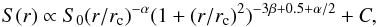 Mathematical equation: \begin{equation} S(r) \propto S_0 (r/r_{\rm c})^{-\alpha} (1+(r/r_{\rm c})^2)^{-3\beta+0.5+\alpha/2} +C, \end{equation}