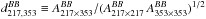 \hbox{$d^{BB}_{217,353}\equiv A^{BB}_{217\times353}/(A^{BB}_{217\times217}\, A^{BB}_{353\times353})^{1/2}$}
