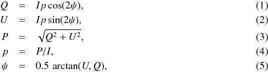 \begin{eqnarray} Q&=&I p \cos(2\psi), \label{eq1}\\ U&=&I p \sin(2\psi), \,\,\label{eq2}\\ P&=&\sqrt{Q^2+U^2},\label{P} \\ p&=&P/I, \label{PI}\\ \psi &=& 0.5\,\arctan(U,Q),\label{psi} \end{eqnarray}