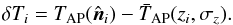 \begin{equation} \delta T_{ i} = T_{\rm AP}(\vn_{ i}) - \bar{T}_{\rm AP}(z_i,\sigma_{ z}). \label{eq:dT} \end{equation}
