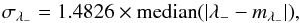 \begin{equation} \sigma_{\lambda_{-}} = 1.4826 \times \text{median} ({|\mlambda - m_{\mlambda}|)} , \label{eq:3.1} \end{equation}