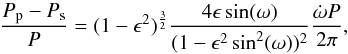\appendix \setcounter{section}{1} \begin{equation} \label{rudkjop} \frac {P_{\rm p}-P_{\rm s}}{P} = (1-\epsilon^2)^{\frac{3}{2}} \frac{4 \epsilon \sin (\omega)}{(1-\epsilon^2 \sin ^2 (\omega))^2} \frac{{\dot\omega} P} {2 \pi} , \end{equation}