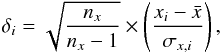 \begin{equation} \delta_i = \sqrt{\frac{n_{x}}{n_{x}-1}}\times \left( \frac{x_i-\bar{x}}{\sigma_{x,i}} \right), \label{delta_stet} \end{equation}