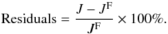 \begin{equation} {\rm Residuals} = \frac{J - J^{\rm F}}{J^{\rm F}} \times 100 \%. \label{residual} \end{equation}