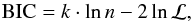 \begin{equation} {\rm{BIC}} = k\cdot\ln{n} -2\ln{\mathcal L} \label{eq:BIC} , \end{equation}