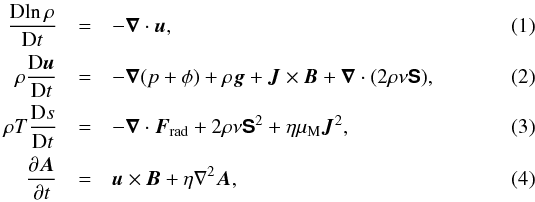 \begin{eqnarray} {\DD\! \ln \rho \over \DD t}&=&-\nab\cdot\uu, \\ \rho{\DD \uu\over \DD t}&=&-\nab(p+\phi) +\rho\grav + \JJ\times\BB +\nab\cdot(2\rho\nu\SSSS), \\ \label{dss} \rho T{\DD s \over \DD t}&=&-\nab\cdot\FF_{\rm rad}+2\rho\nu \SSSS^2 +\eta\mu_{\rm M}\JJ^2,\\ {\partial \AAA \over \partial t}&=&\uu\times\BB+\eta\nabla^2\AAA, \label{sRT} \end{eqnarray}