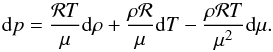 \appendix \setcounter{section}{2} \begin{equation} {\dd p}=\frac{{\cal R}T}{\mu}{\dd\rho} +\frac{\rho {\cal R}}{\mu}{\dd T}-\frac{\rho {\cal R}T}{\mu^2}{\dd\mu}. \label{diffp} \end{equation}