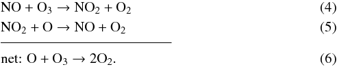 \begin{eqnarray} &&\mathrm{NO+O_3} \rightarrow \mathrm{NO_2 + O_2} \label{eq-chem-3a}\\ &&\mathrm{NO_2 + O} \rightarrow \mathrm{NO + O_2} \label{eq-chem-3b}\\[-2mm] &&\mathrm{\line(1,0){50}} \mathrm{\line(1,0){70}} \nonumber \\ && \text{net: } \mathrm{O+ O_3} \rightarrow \mathrm{2 O_2}. \label{eq-chem-3net} \end{eqnarray}
