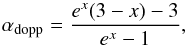 Mathematical equation: \begin{equation} \label{alphaloeb} \alpha_{\rm{dopp}}=\frac{e^x(3-x)-3}{e^x-1}, \end{equation}