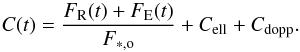 Mathematical equation: \begin{equation} \label{contrastref} C(t)=\frac{F_{\rm R}(t)+F_{\rm E}(t)}{F_{\rm{\ast,o}}}+C_{\rm{ell}}+C_{\rm{dopp}}. \end{equation}