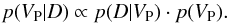 Mathematical equation: \begin{equation} \label{bayes} p(V_{\rm P} | D)\propto p(D | V_{\rm P}) \cdot p(V_{\rm P}). \end{equation}