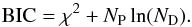 Mathematical equation: \begin{equation} \label{bicdef} {\rm BIC}=\chi^2 + N_{\rm P} \ln (N_{\rm D}). \end{equation}