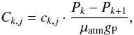 Mathematical equation: \appendix \setcounter{section}{3} \begin{equation} \label{columndens} C_{k,j}=c_{k,j} \cdot \frac{P_k-P_{k+1}}{\mu_{\rm{atm}} g_{\rm P}}, \end{equation}
