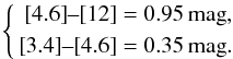 \begin{equation} \left\{ \begin{aligned} \left[4.6\right]\!\text{--}\!\left[12\right] &= 0.95\, \mathrm{mag},\\ \left[3.4\right]\!\text{--}\!\left[4.6\right] &= 0.35\, \mathrm{mag}. \end{aligned} \right. \end{equation}