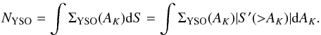 \begin{eqnarray} \label{Eq:N(Ak)} N_{\mathrm{YSO}} = \int \Sigma_{\mathrm{YSO}}(A_{K}) {\rm d}S = \int \Sigma_{\mathrm{YSO}}(A_{K}) \lvert S'({>}A_{K}) \rvert {\rm d}A_{K}. \end{eqnarray}