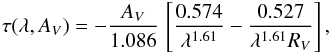 \begin{eqnarray} \tau (\lambda,A_V) = - \frac{A_V}{1.086} \, \left[ \frac{0.574}{\lambda^{1.61}} - \frac{0.527}{\lambda^{1.61} R_V} \right],\label{eq:extinction} \end{eqnarray}
