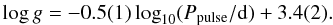 $$ \log g = -0.5(1) \log_{10} (P_{\mathrm{pulse}}/\mathrm{d}) + 3.4(2). $$