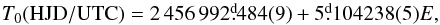 \begin{eqnarray*} T_0(\mathrm{HJD/UTC}) = 2\,456\,992\fd 484(9) + 5\fd 104238(5) E, \end{eqnarray*}