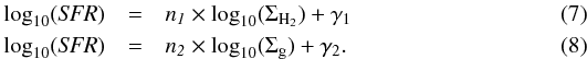 \begin{eqnarray} \log_{10}({\it SFR}) & = & {\it n_1} \times \log_{10}( \Sigma_{\rm {\rm H}_2}) +\gamma_1 \label{fit1} \\ \log_{10}({\it SFR}) & = & {\it n_2} \times \log_{10}( \Sigma_{\rm g} ) +\gamma_2 \label{fit2}. \end{eqnarray}
