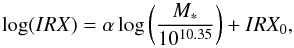 \begin{equation} \label{eq_mass} \log (IRX) = \alpha \log \left( \dfrac{M_{*}}{10^{10.35}} \right) + IRX_{0} , \end{equation}