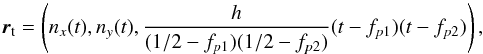 \begin{equation} \vec{r}_{\rm t} = \left(n_x(t),n_y(t),\frac{h}{(1/2 -f_{p1})(1/2-f_{p2})}(t-f_{p1})(t-f_{p2})\right), \end{equation}