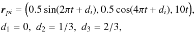 \begin{eqnarray} &&\vec{r}_{pi} = \Big(0.5\sin(2\pi t + d_i) ,0.5 \cos(4\pi t+ d_i),10 t\Big),\\ &&\nonumber d_1= 0,\,\, d_2 = 1/3,\,\,d_3 =2/3, \end{eqnarray}