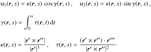 \begin{eqnarray} \label{twistfreecurvatures} &&\mathsf{u}_1(\vec{r},s) = \kappa(\vec{r},s) \, \cos \gamma(\vec{r},s) \, , \quad \mathsf{u}_2(\vec{r},s) = \kappa(\vec{r},s) \, \sin \gamma(\vec{r},s) \, , \quad\\[3mm] \nonumber &&\gamma(\vec{r},s) =\int_{0}^{s}\tau(\vec{r},t) \, \rmd{t} \\[3mm] && \kappa(\vec{r},s) = \frac{\vert \vec{r'}\times \vec{r''} \vert}{\vert \vec{r'}\vert^3} \, , \quad \tau(\vec{r},s) =\frac{\left(\vec{r'}\times \vec{r''}\right)\cdot\vec{r'''}}{\vert \vec{r'}\times \vec{r''} \vert^2}\cdot \nonumber \end{eqnarray}